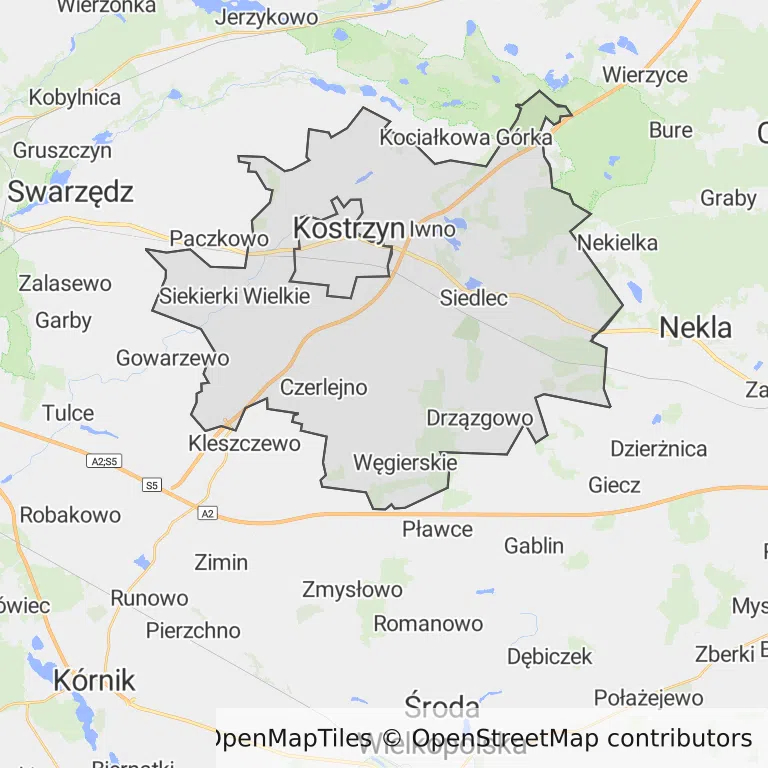 Mapa z zaznaczonym Kostrzynem