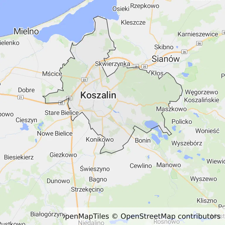 Mapa z zaznaczonym Koszalinem