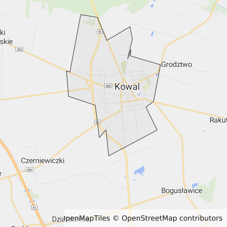 Mapa z zaznaczonym Kowalu