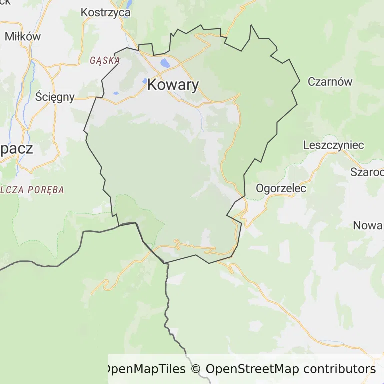 Mapa z zaznaczonym Kowarami