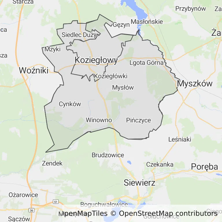 Mapa z zaznaczonym Koziegłowami