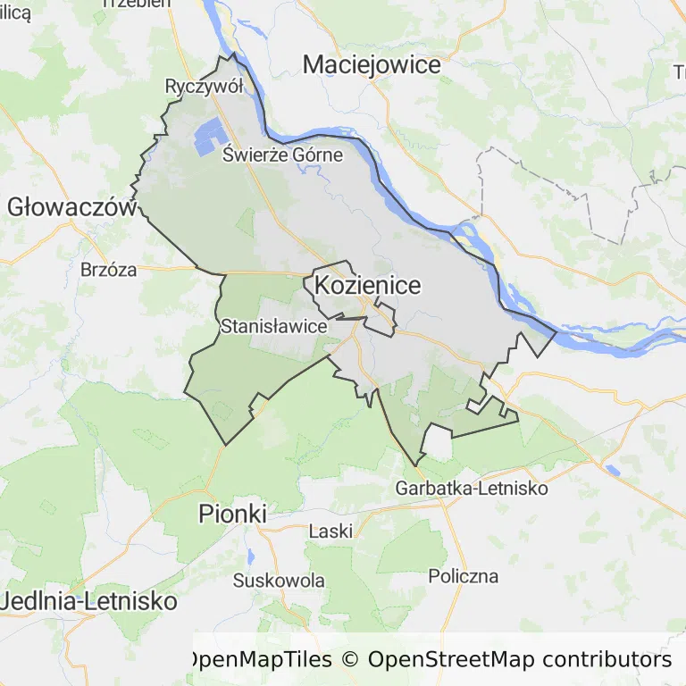 Mapa z zaznaczonymi Kozienicami