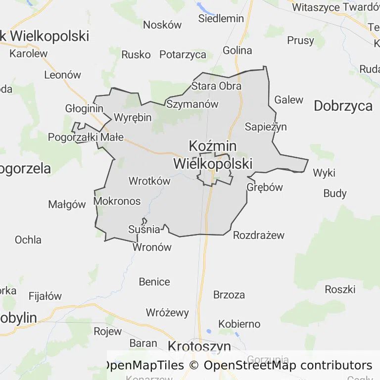 Mapa z zaznaczonym Koźminie Wielkopolskim