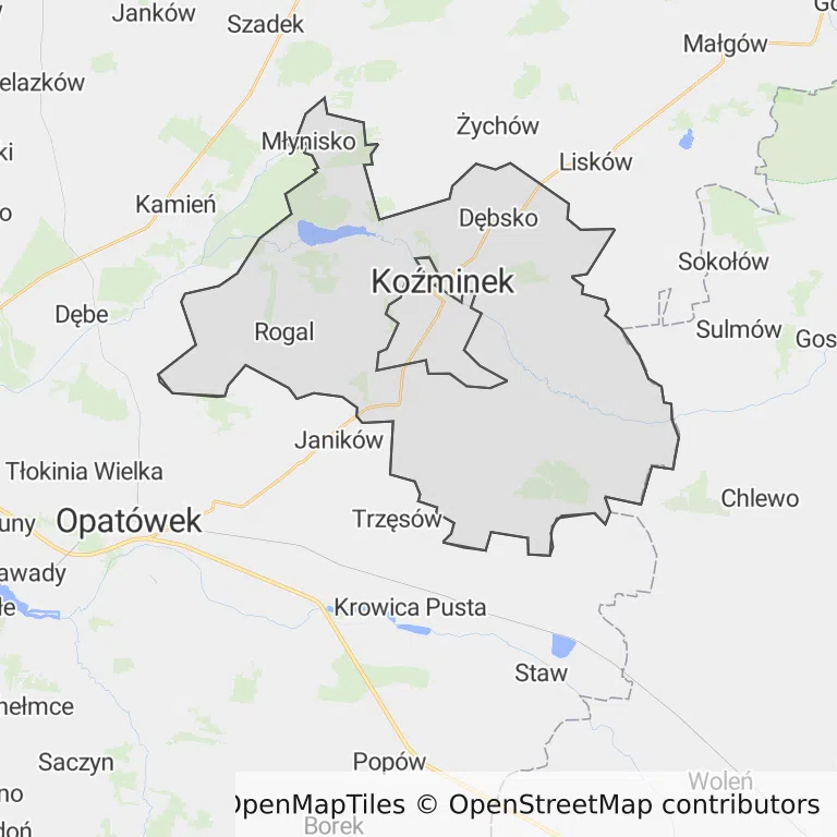 Mapa z zaznaczonym Koźminkiem