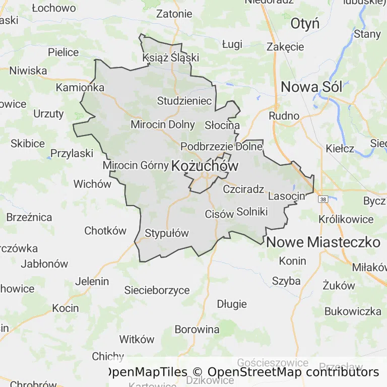 Mapa z zaznaczonym Kożuchowem