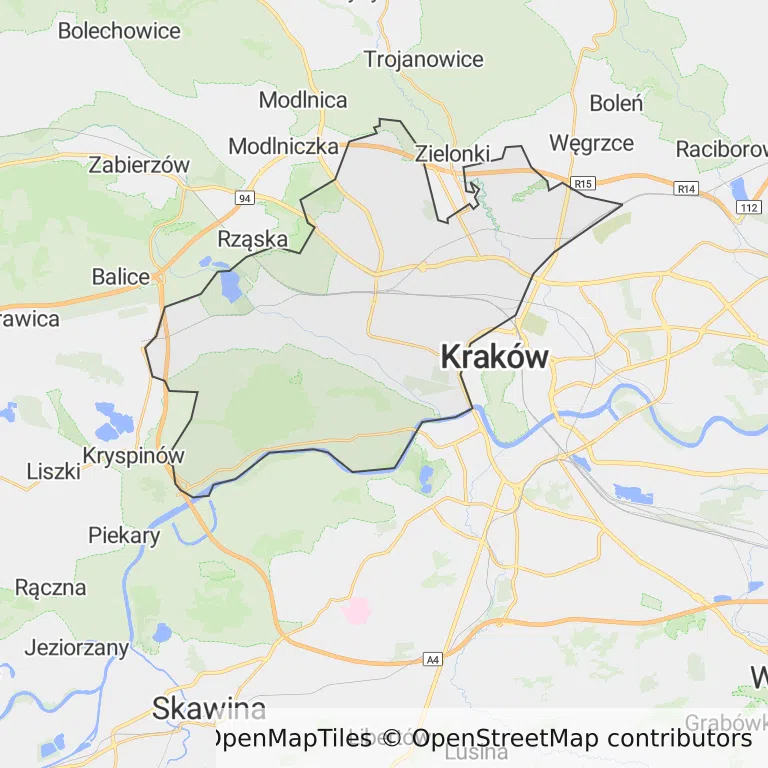Mapa z zaznaczoną Krowodrzą w Krakowie