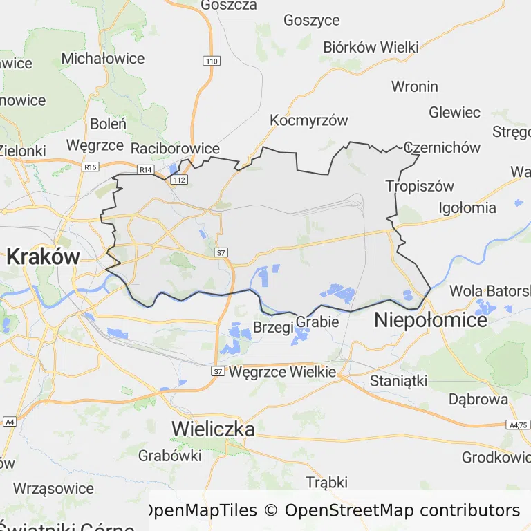 Mapa z zaznaczoną Nowa Hutą w Krakowie