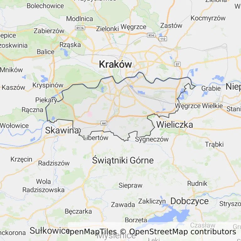 Mapa z zaznaczonym Podgórzem w Krakowie