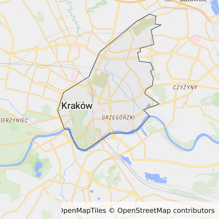 Mapa z zaznaczonym Śródmieściem w Krakowie