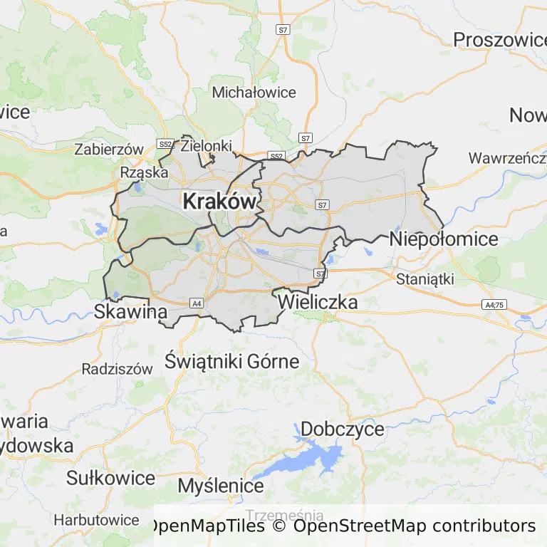 Mapa z zaznaczonym Krakowem