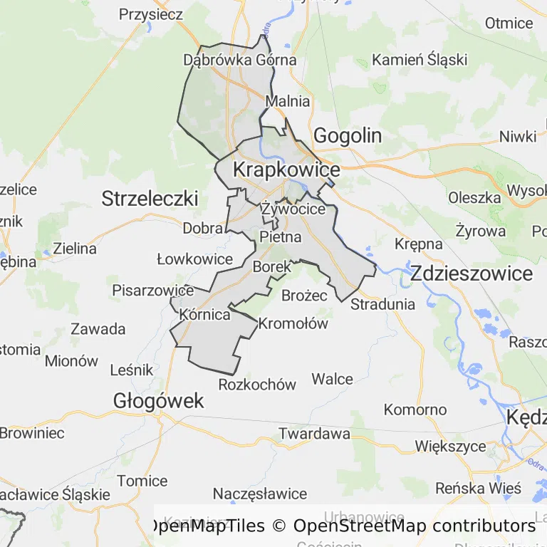 Mapa z zaznaczonymi Krapkowicami