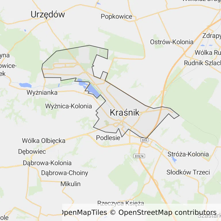 Mapa z zaznaczonym Kraśnikiem