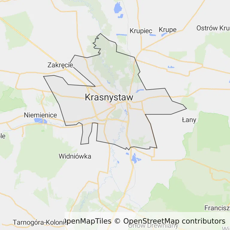 Mapa z zaznaczonym Krasnymstawem