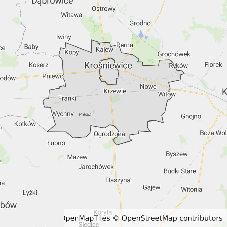 Mapa z zaznaczonymi Krośniewicami