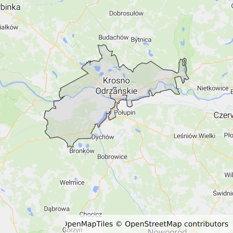 Mapa z zaznaczonym Krośnie Odrzańskim