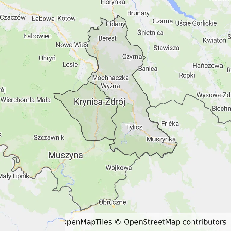 Mapa z zaznaczonym Krynicy-Zdroju