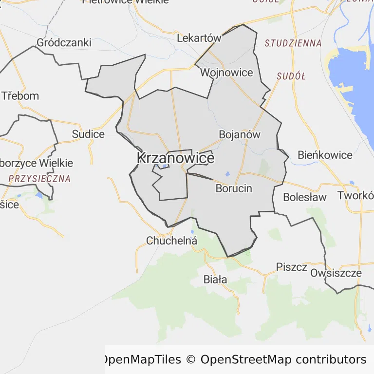 Mapa z zaznaczonymi Krzanowicami