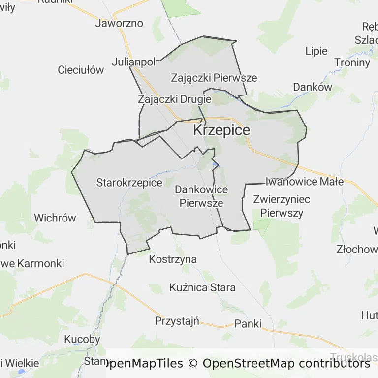 Mapa z zaznaczonymi Krzepicami