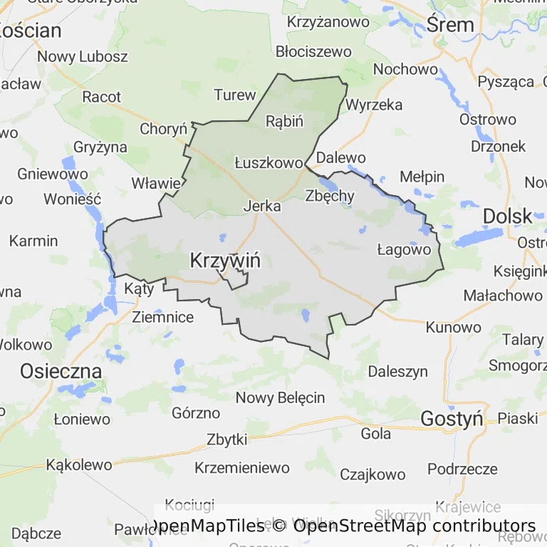 Mapa z zaznaczonym Krzywiniu