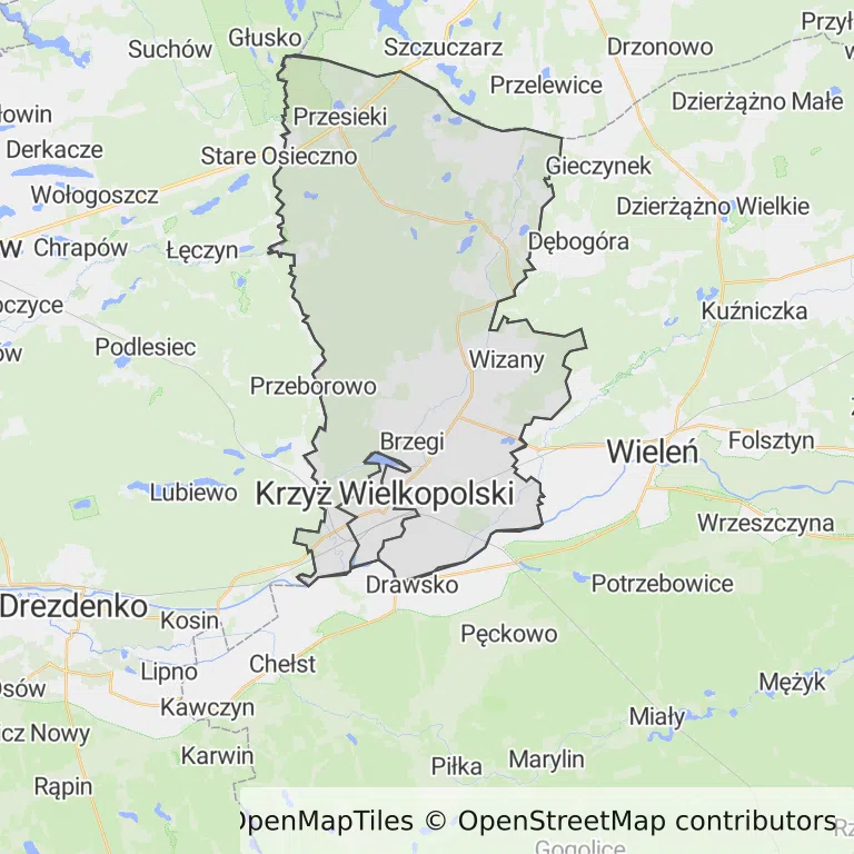 Mapa z zaznaczonym Krzyżu Wielkopolskim