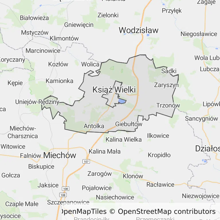 Mapa z zaznaczonym Książu Wielkim