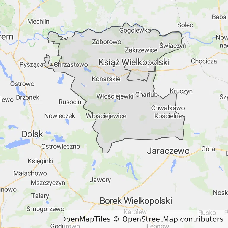 Mapa z zaznaczonym Książu Wielkopolskim