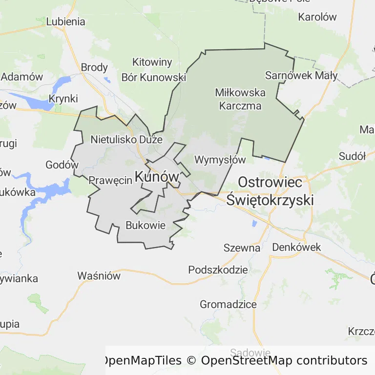 Mapa z zaznaczonym Kunowem