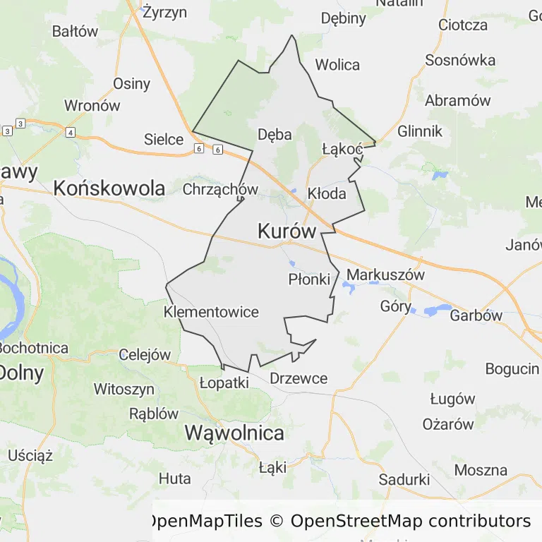 Mapa z zaznaczonym Kurowem