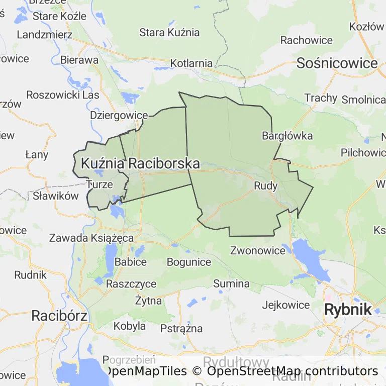 Mapa z zaznaczoną Kuźni Raciborskiej