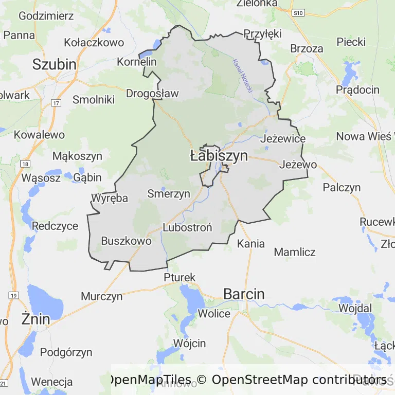 Mapa z zaznaczonym Łabiszynem