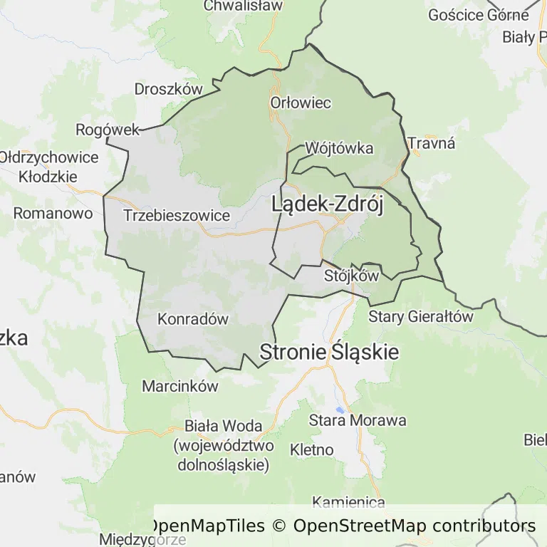 Mapa z zaznaczonym Lądku-Zdroju