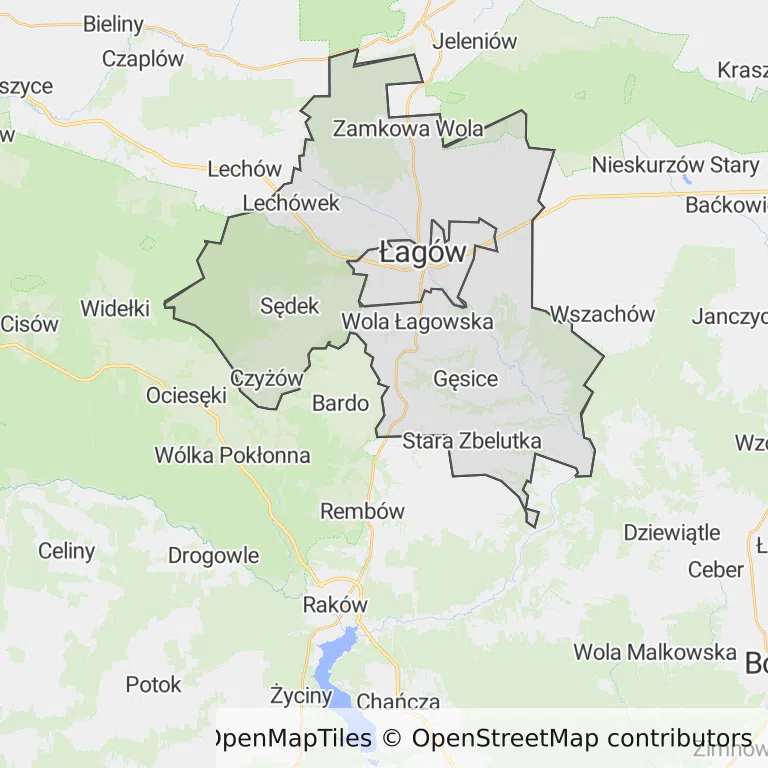 Mapa z zaznaczonym Łagowem