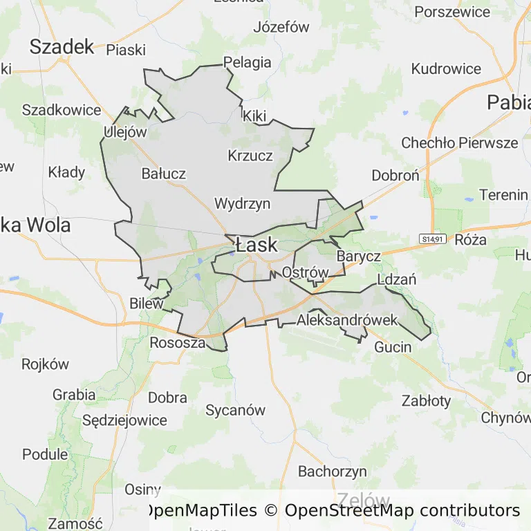 Mapa z zaznaczonym Łaskiem