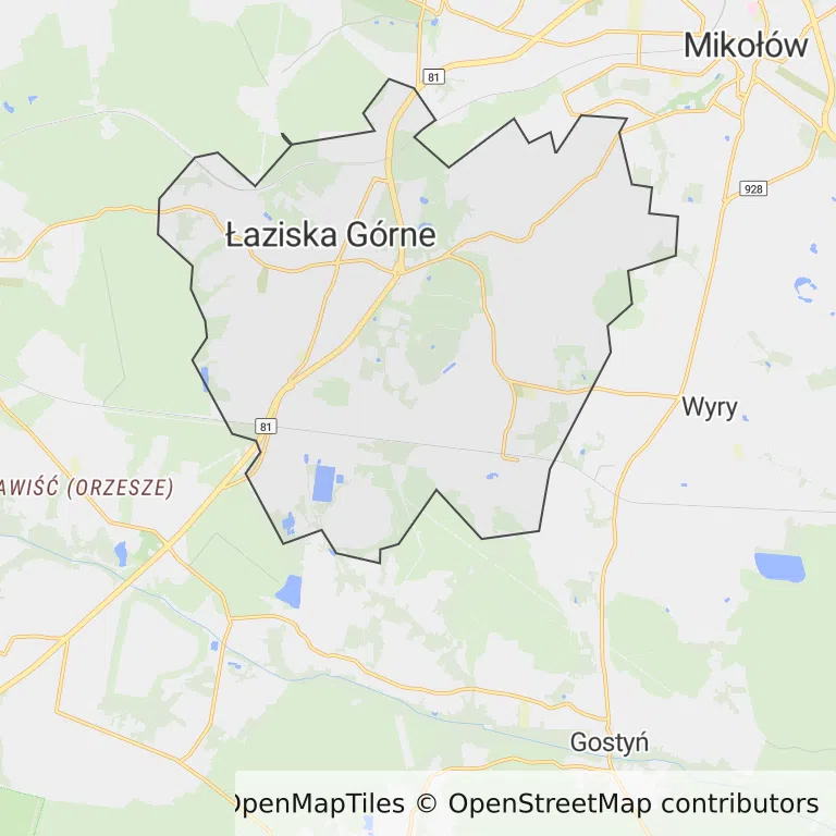 Mapa z zaznaczonym Łaziskach Górnych