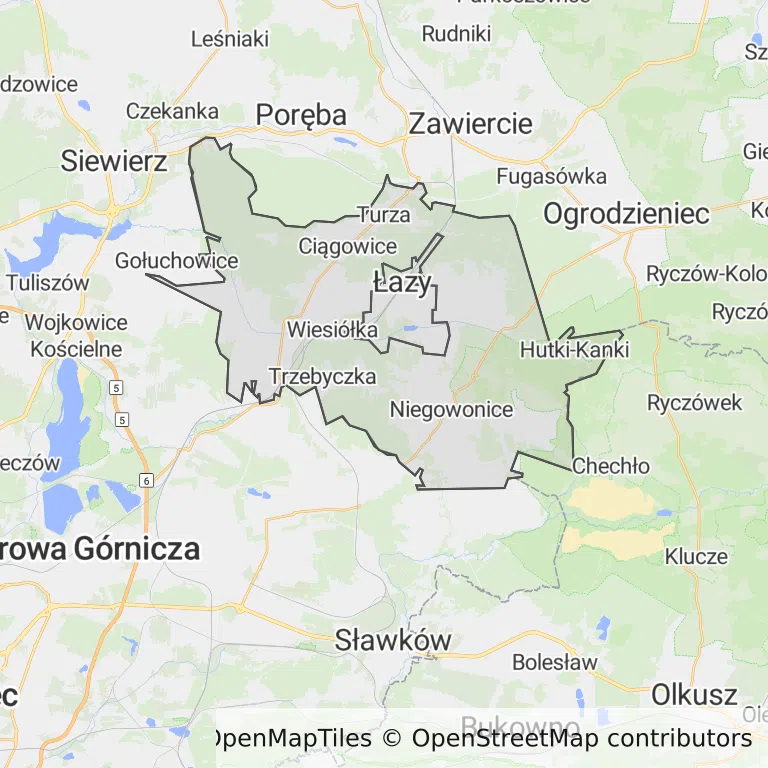 Mapa z zaznaczonym Łazami