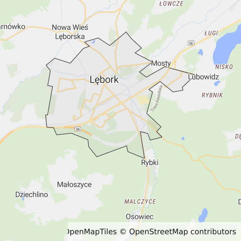 Mapa z zaznaczonym Lęborkiem