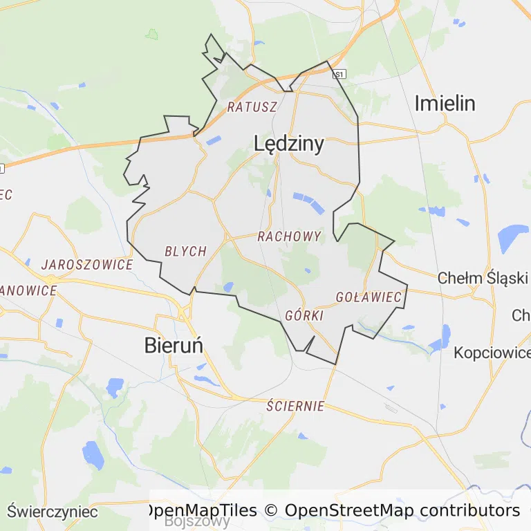 Mapa z zaznaczonym Lędzinami