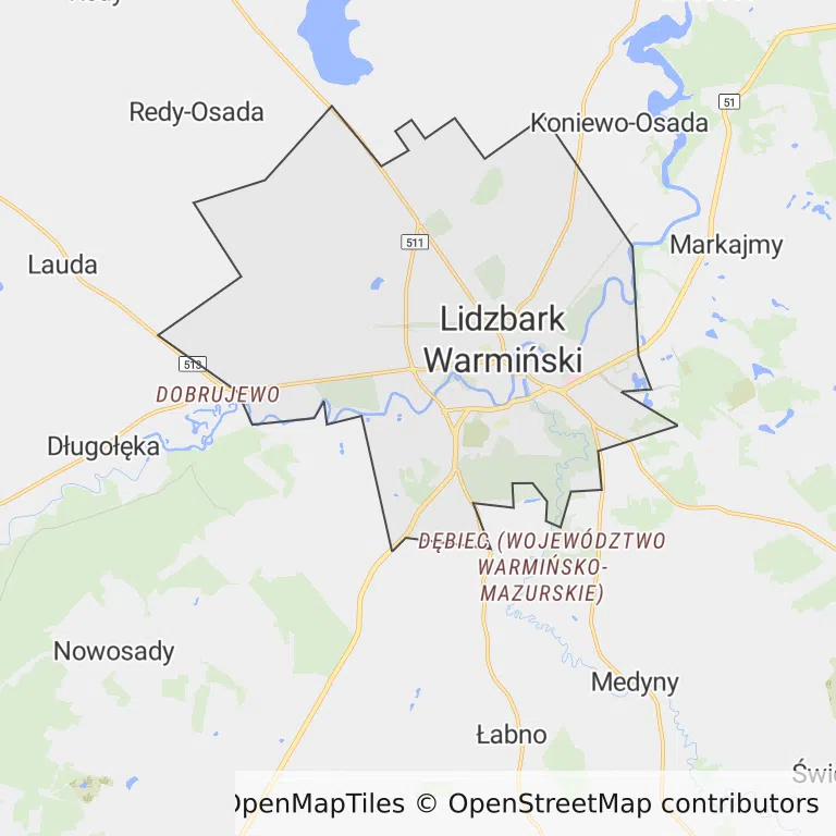 Mapa z zaznaczonym Lidzbarku Warmińskim