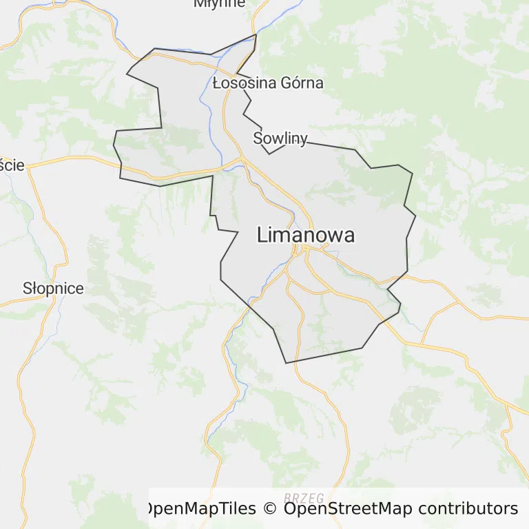 Mapa z zaznaczoną Limanowej