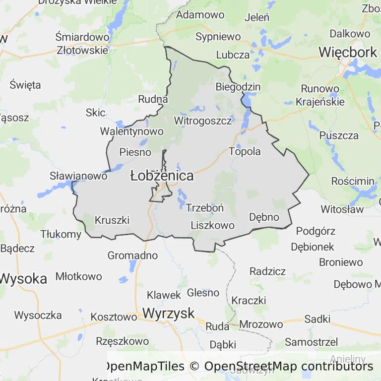 Mapa z zaznaczonym Łobżenicy