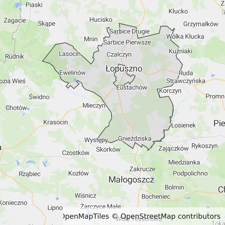 Mapa z zaznaczonym Łopusznem