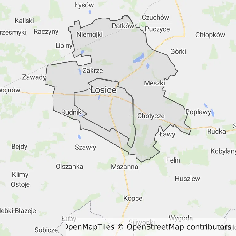 Mapa z zaznaczonymi Łosicami
