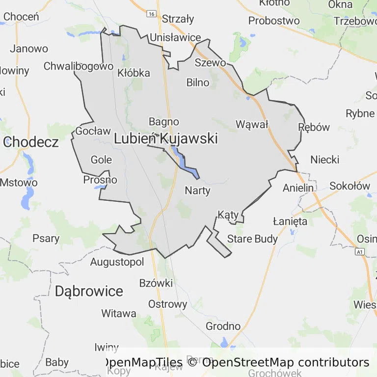 Mapa z zaznaczonym Lubieniu Kujawskim
