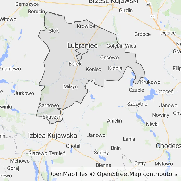 Mapa z zaznaczonym Lubrańcu