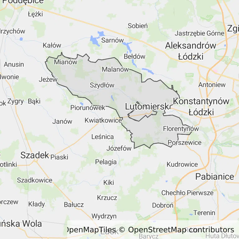 Mapa z zaznaczonym Lutomierskiem