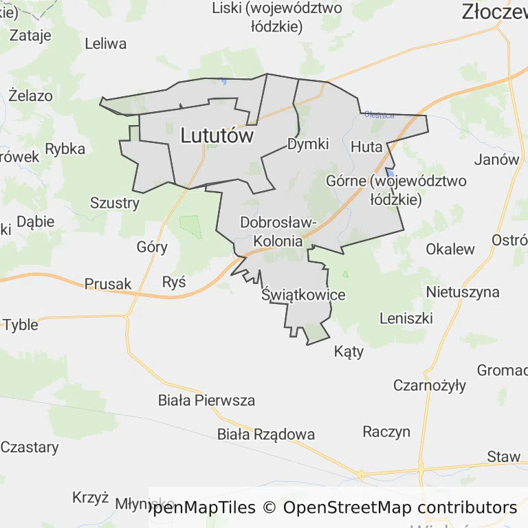 Mapa z zaznaczonym Lututowem