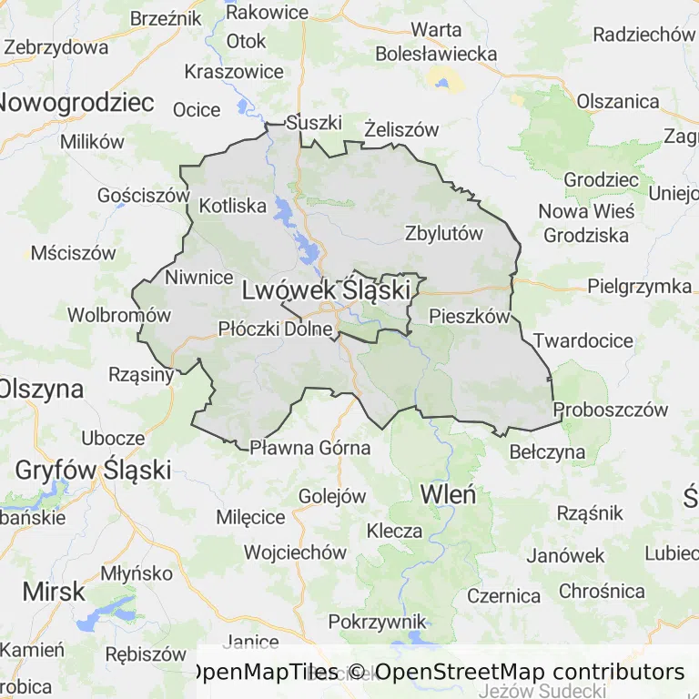 Mapa z zaznaczonym Lwówku Śląskim