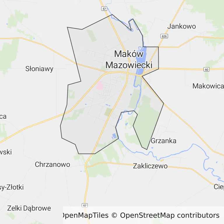 Mapa z zaznaczonym Makowie Mazowieckim