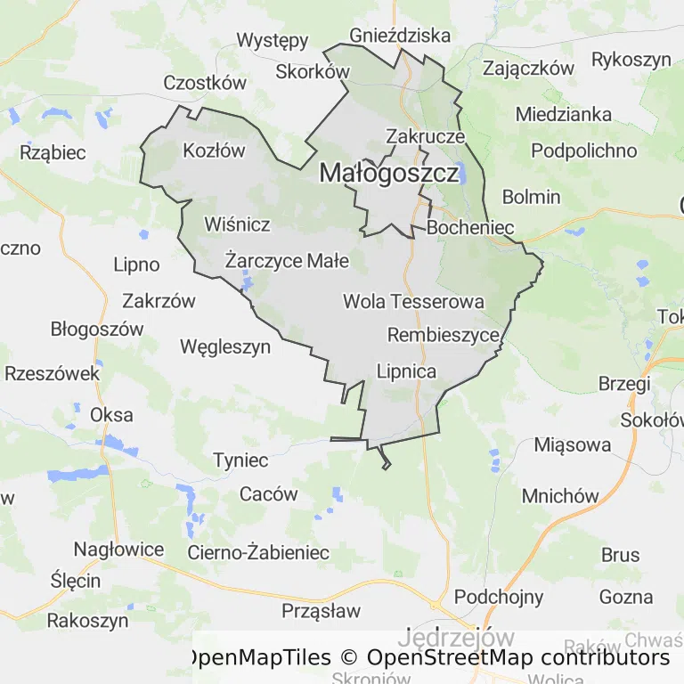 Mapa z zaznaczonym Małogoszczem