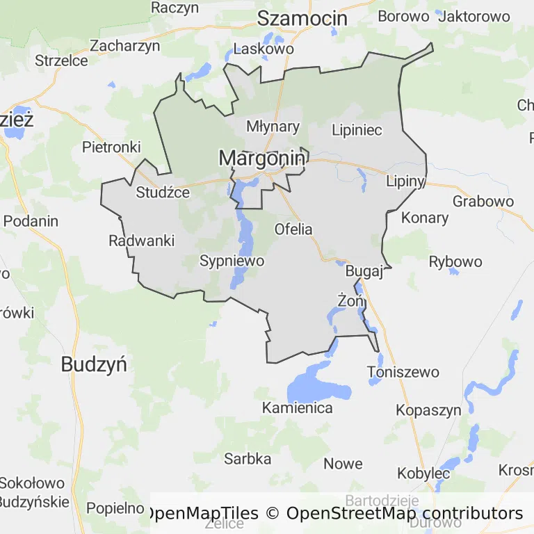 Mapa z zaznaczonym Margoninem